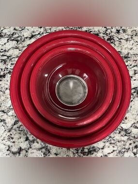 Vintage PYREX Red Burgundy Clear Bottom Nesting Bowls 3-Set (322, 323, 325) USA